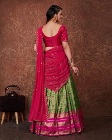 Nihira- dark pink parrot shirt green classical kanjivaram jacquard half saree. Mb's Kanjivaram 1007