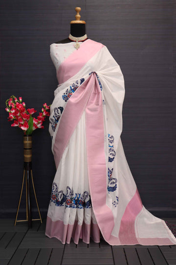 Onam Special Creamish White Embroidered Animal  Motief Pink Jari Border Saree-onam106