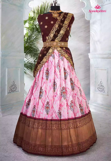 32-MANSI-Coffee and Pink Floral Digital Printed Half Saree