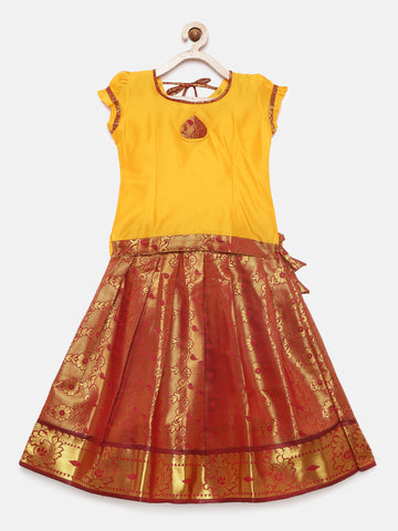 05-Nitara-Art Silk Yellow Blouse & Maroon Skirt With Hem Of Golden Zari Pattu Pavada Set