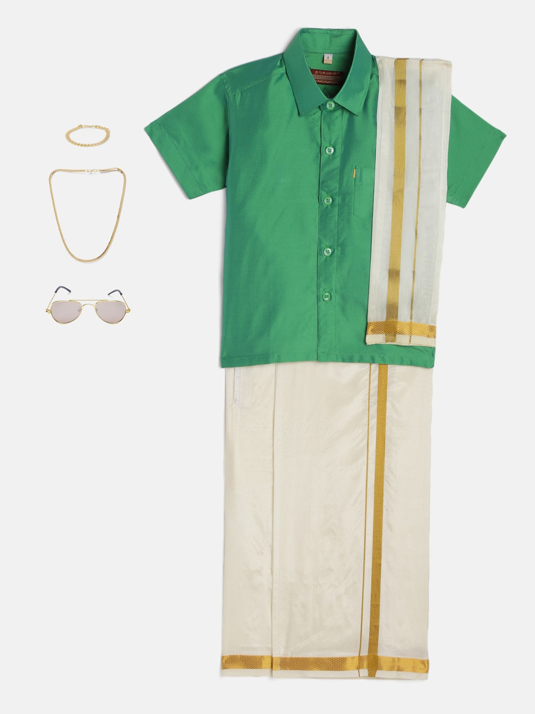 35-Abhijith-Light Green Shirt &Cream Dhoti With Hem Of Golden Zari Alo