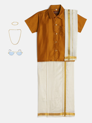 32-Prayan-Mustard Shirt &Cream Dhoti With Hem Of Golden Zari Along with Freebies Set