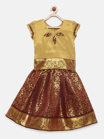 04-Saanvi- Art Silk Cream Blouse & Coffee Skirt With Hem Of Golden Zari Pattu Pavada Set