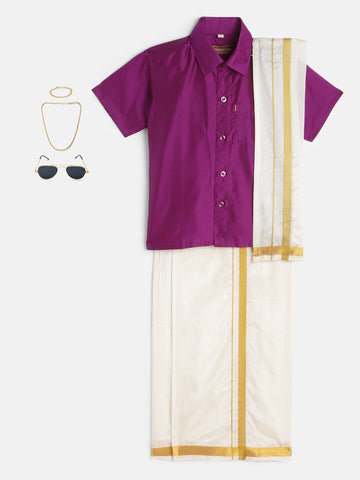 37-Moksh-Magenta Shirt &Cream Dhoti With Hem Of Golden Zari Along with Freebies Set