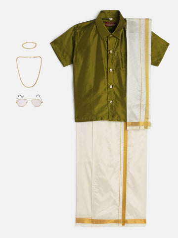 42-Dakshith-Olive Shirt &Cream Dhoti With Hem Of Golden Zari Along with Freebies Set