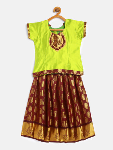 14-Avanthika-Art Silk Parrot Green Blouse & Maroon Skirt With Hem Of Golden Zari Pattu Pavada Set