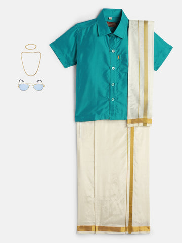 20-Viaan-Turquoise Blue Shirt &Cream Dhoti With Hem Of Golden Zari Along with Freebies Set