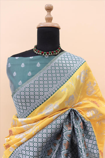 Gold With Bottle Green Contrast With Silver And Copper Jari Jacquard Pattu Saree-mb's 4 Fider Jps-1036