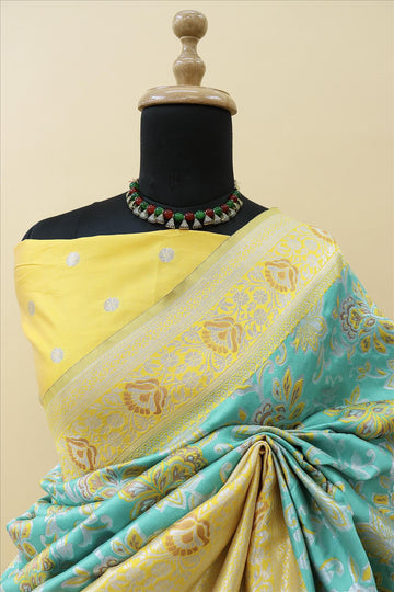 Sea Green With Gold Contrast With Silver And Copper Jari Jacquard Pattu Saree-mb's 4 Fider Jps-1044