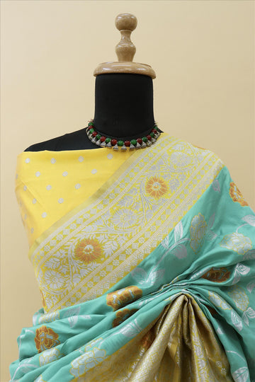 Sea Green With Gold Contrast With Silver And Copper Jari Jacquard Pattu Saree-mb's 4 Fider Jps-1051