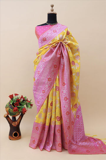 Gold With Rani Contrast With Silver And Copper Jari Jacquard Pattu Saree-mb's 4 Fider Jps-1053