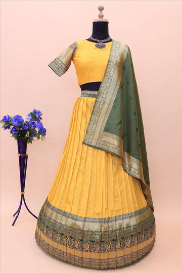 Gold Banarasi Silk Jacquard Half Saree With Contrast Bottle Green Color Jacquard Dupatta With Blouse-mb138