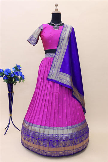 Pink Banarasi Silk Jacquard Half Saree With Contrast Violet Color Jacquard Dupatta With Blouse-mb136