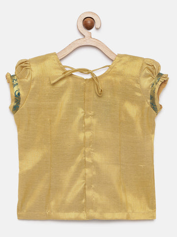 01-Jaya- Art Silk Cream Blouse & Tarquoise Skirt With Hem Of Golden Zari Pattu Pavada Set
