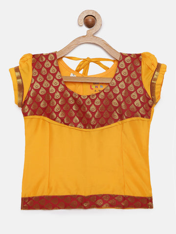 03- Gayathri- Art Silk Yellow Blouse& Maroon Skirt With Hem Of Golden Zari Pattu Pavada Set
