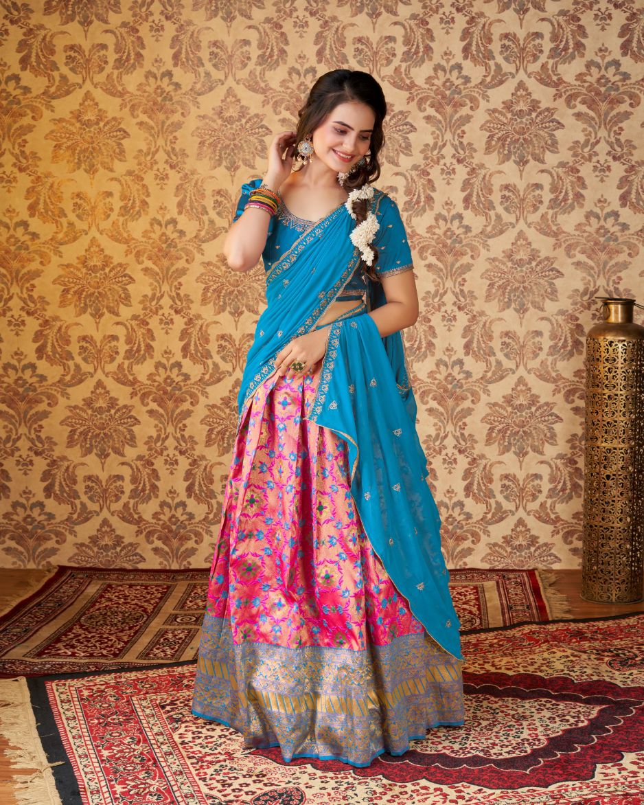 Embroidery Machine Ladies Pink And Sky Blue Embroidered Lehenga Choli at Rs  2199 in Surat