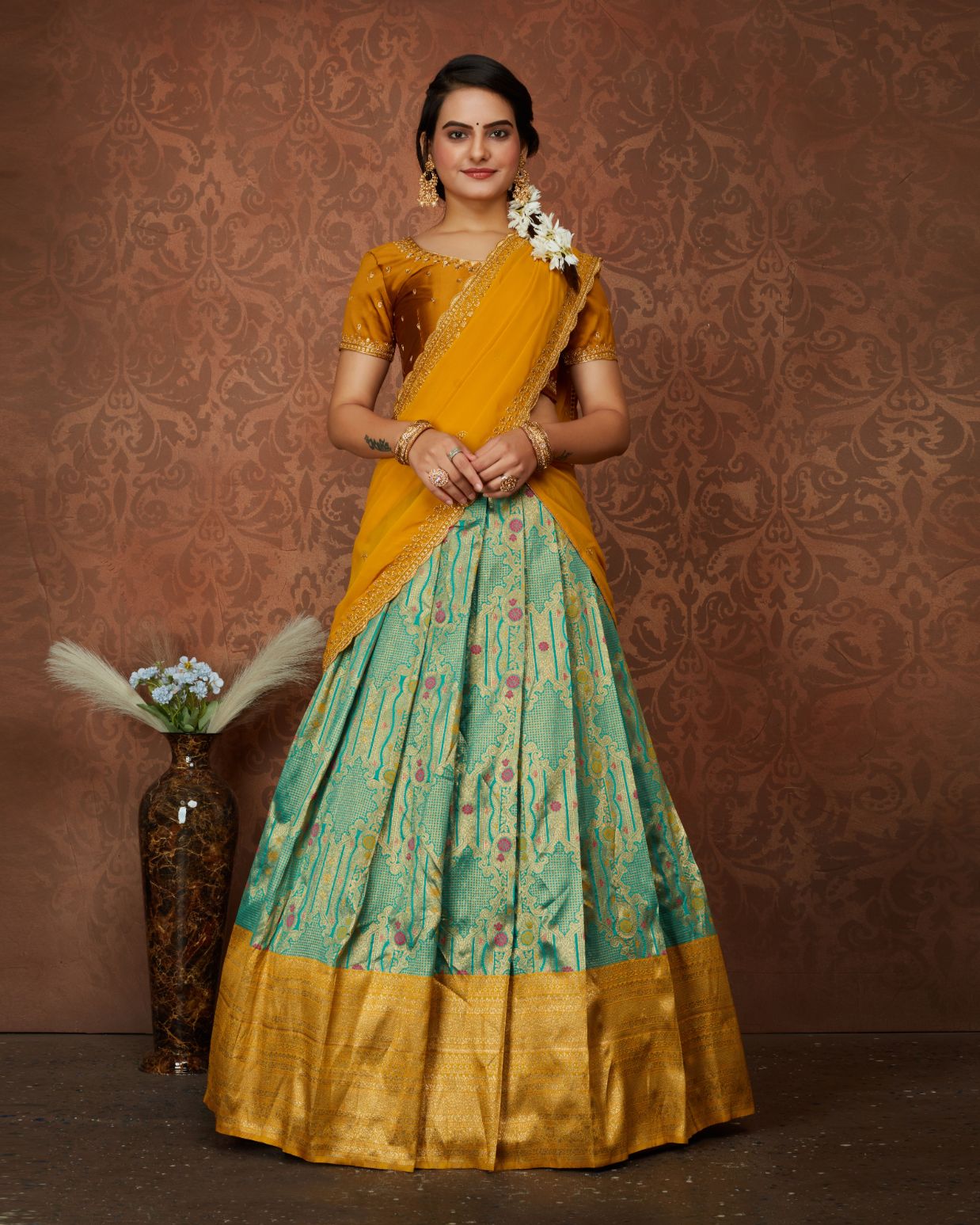 Zari Work Yellow Tapeta Silk South Indian Style Half Sarees at Rs 999/piece  in Surat