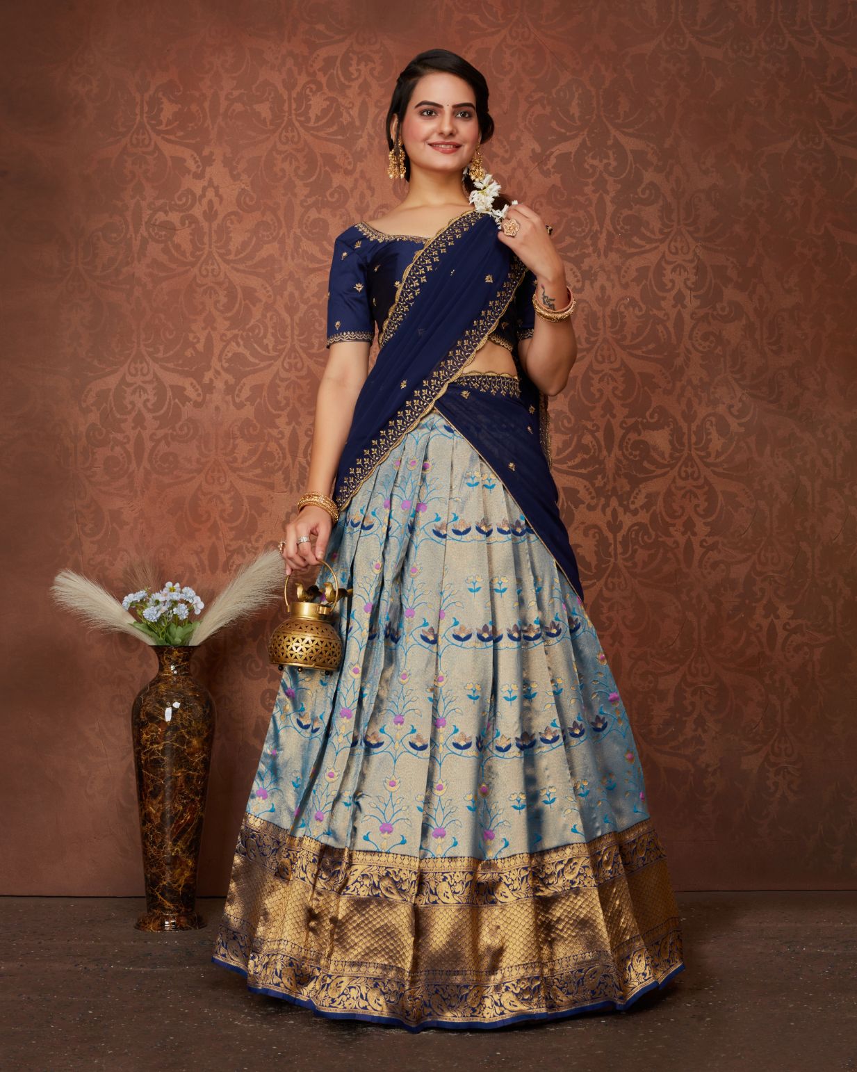 Navy Blue Pure Georgette Floral Multicolour Half & Half Saree – Rustorange