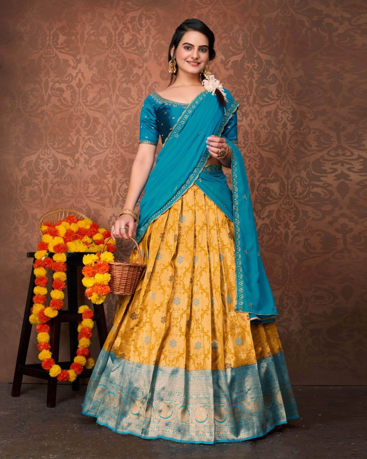 Anaisha- sky blue yellow classical kanjivaram Jacquard half saree. Mb's Kanjivaram 1012