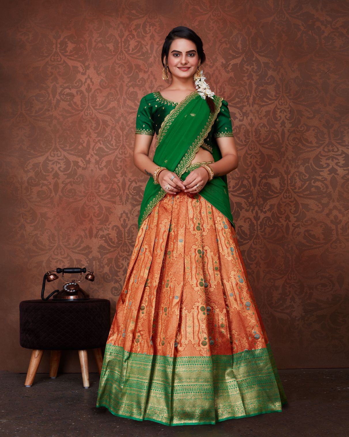 Bride in Attractive Orange Half Saree - Saree Blouse Patterns