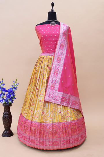 Gold With Pink Contrast Border Silver And Copper Jari Mixure Banarasi Silk Jacquard Half Saree With Pink Dupatta-mb116