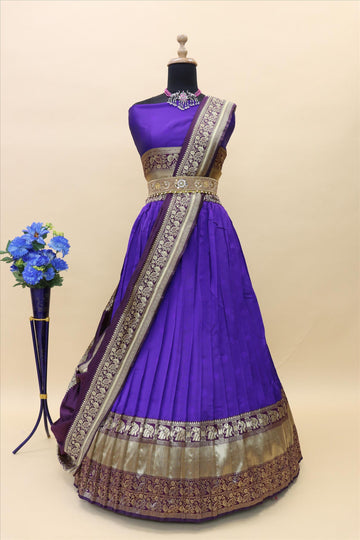 Violet Banarasi Silk Jacquard Half Saree With Contrast Wine Color  Border Attached Jacquard Dupatta With Blouse-mb139