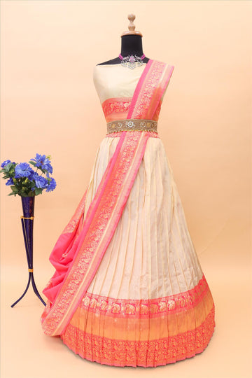 Cream Banarasi Silk Jacquard Half Saree With Contrast Toamto Pink Color  Border Attached Jacquard Dupatta With Blouse-mb142