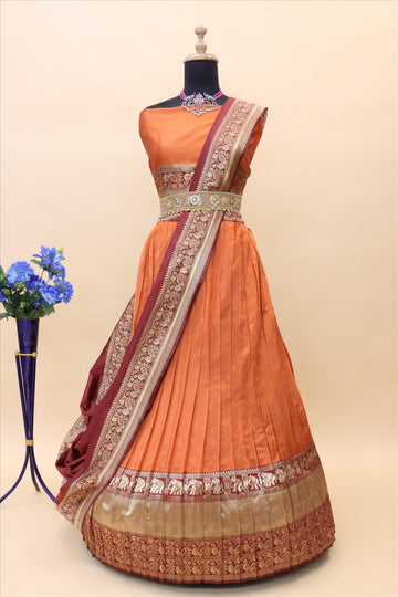 Orange Banarasi Silk Jacquard Half Saree With Contrast Maroon Color  Border Attached Jacquard Dupatta With Blouse-mb140