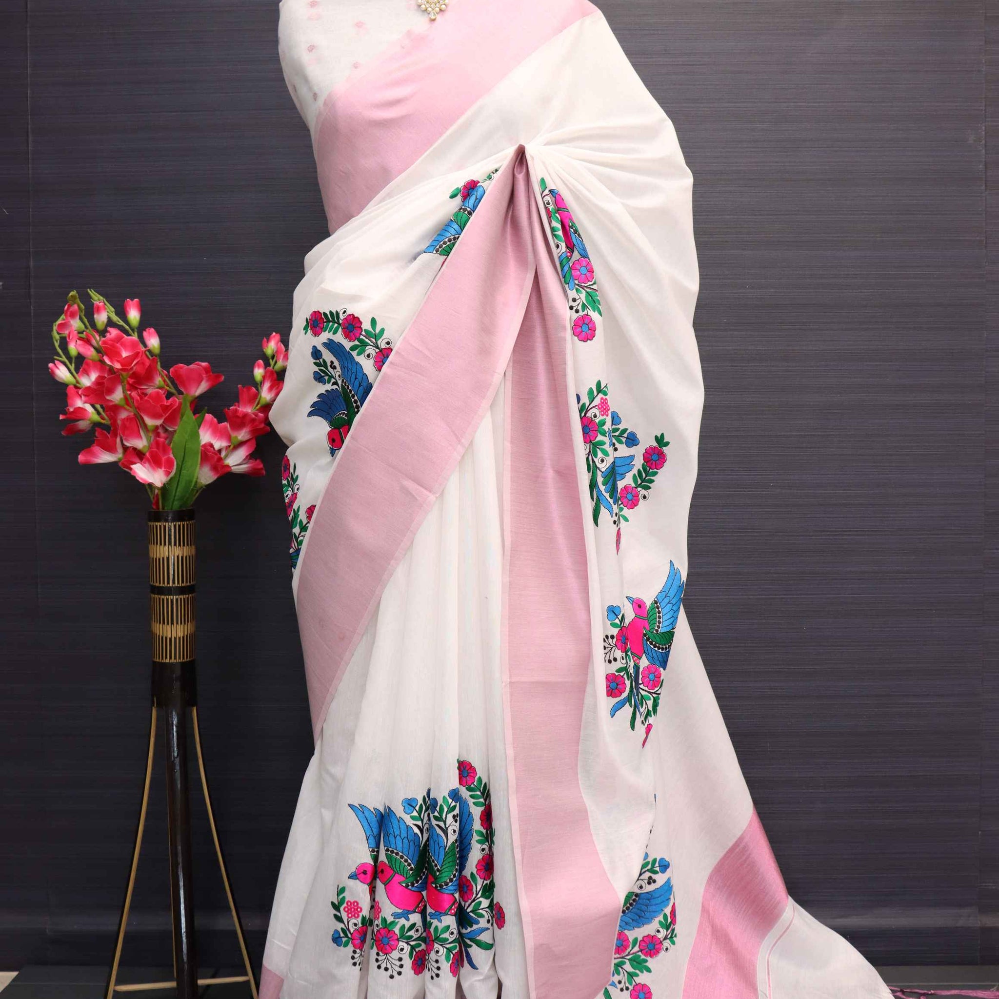 Onam Special Creamish White Embroidered Animal Motief  Pink Jari Border Saree-onam105
