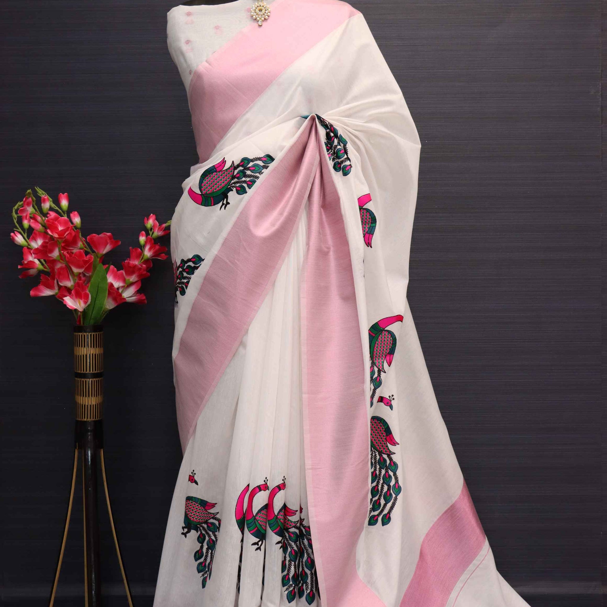 Onam Special Creamish White Embroidered Animal Motief  Pink Jari Border Saree-onam107