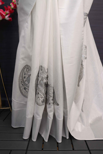 Onam Special Creamish White Embroidered Animal Motief Silver Jari Border Saree-onam108