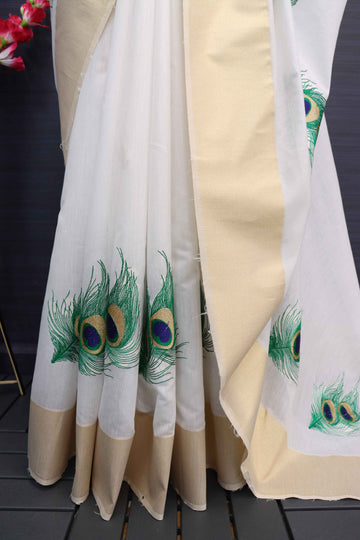 Onam Special Creamish White Embroidered Peacock Feather  Motief Gold Jari Border Saree-onam102