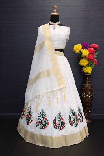 Onam Special Creamish White Embroidered Animal Motief Dhavani With  Blouse And Dupatta-onam10