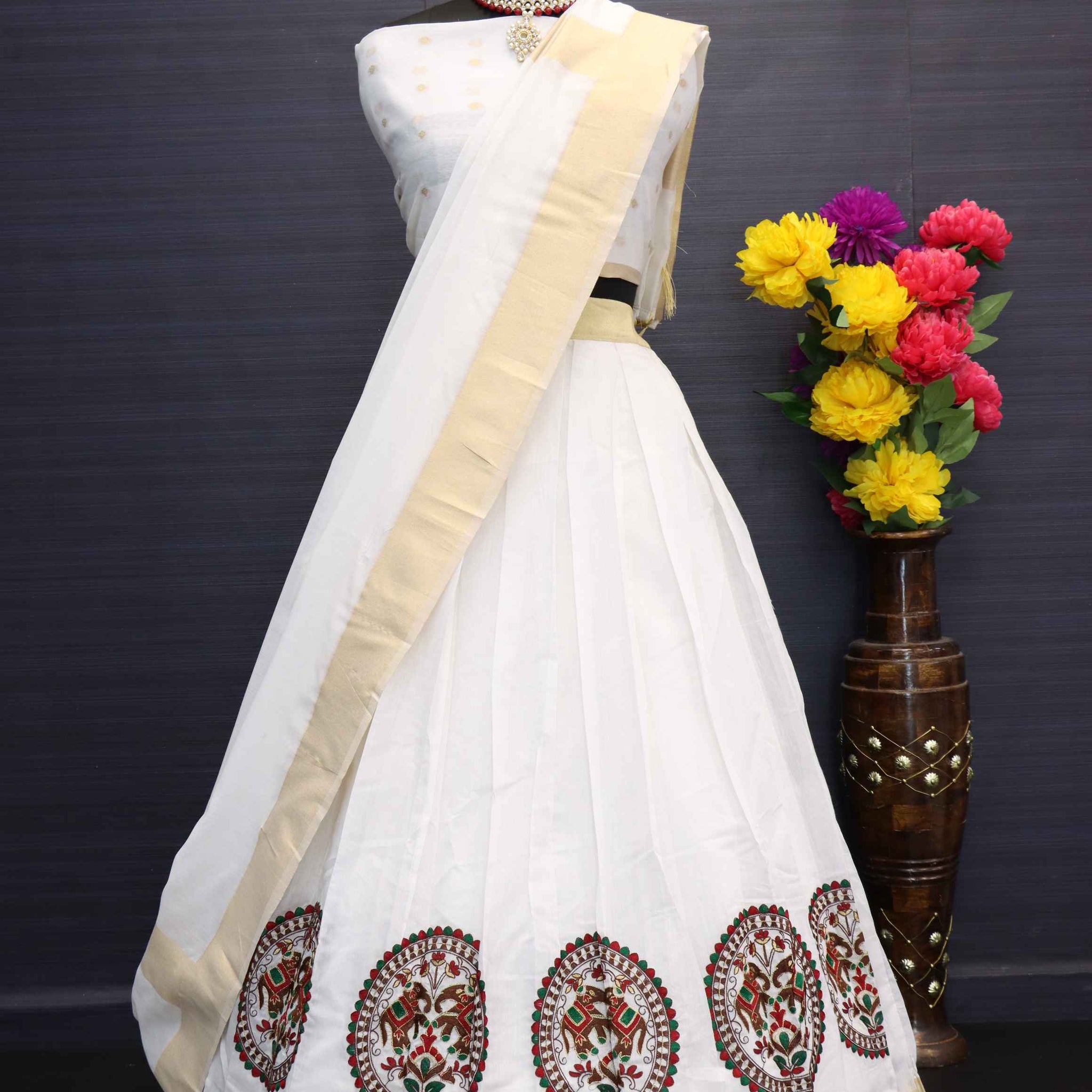 Onam Special Creamish White Embroidered Animal Motief Dhavani With Blouse And Dupatta-onam01