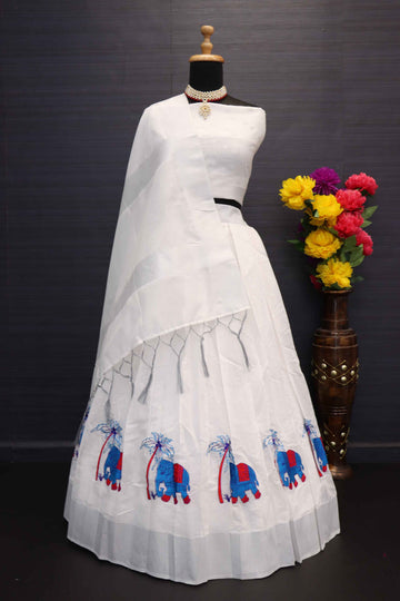 Onam Special Creamish White Embroidered Animal Motief Dhavani With Blouse And Dupatta-onam07