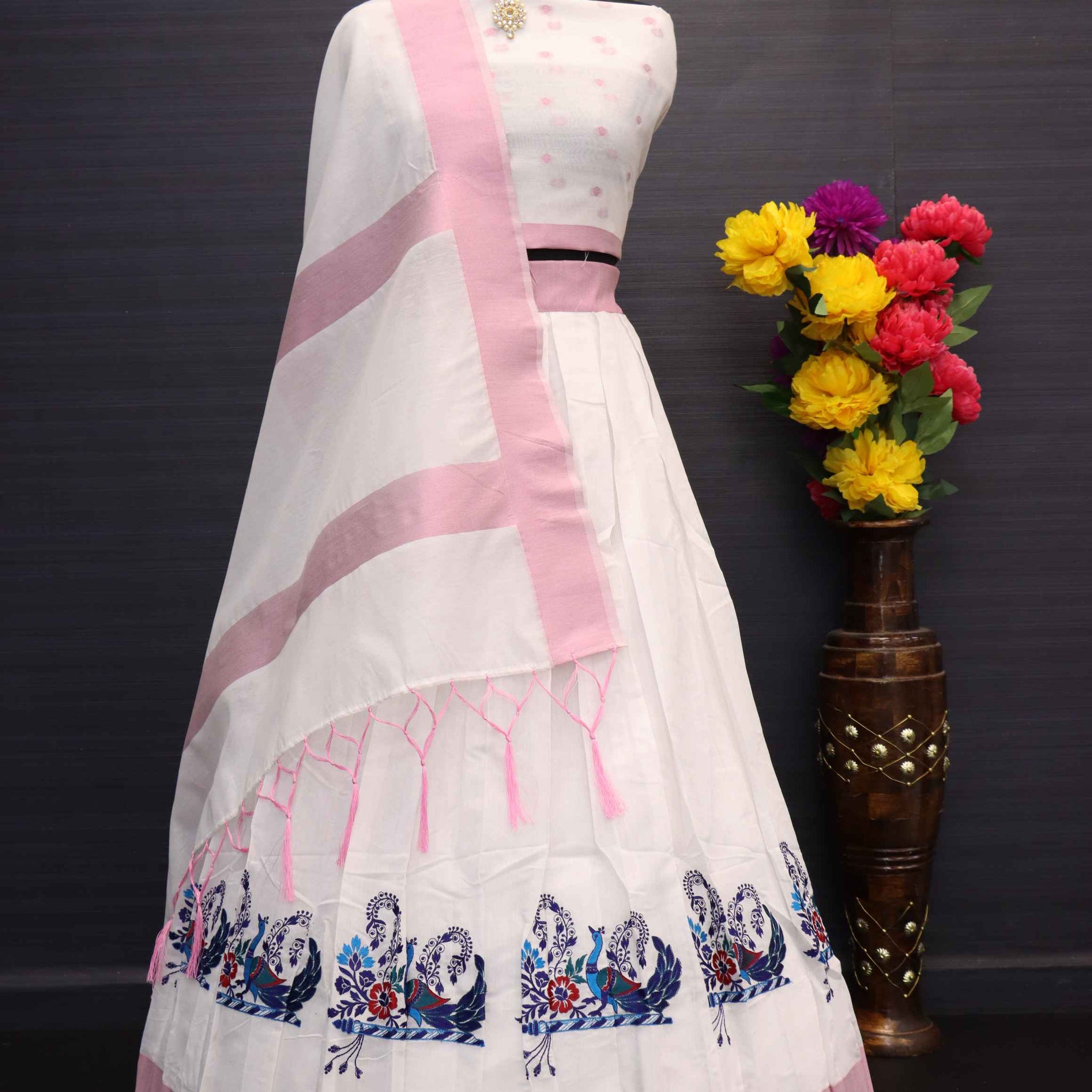 Onam Special Creamish White Embroidered Peacock And Flute Motief Dhavani With Blouse And Dupatta-onam06