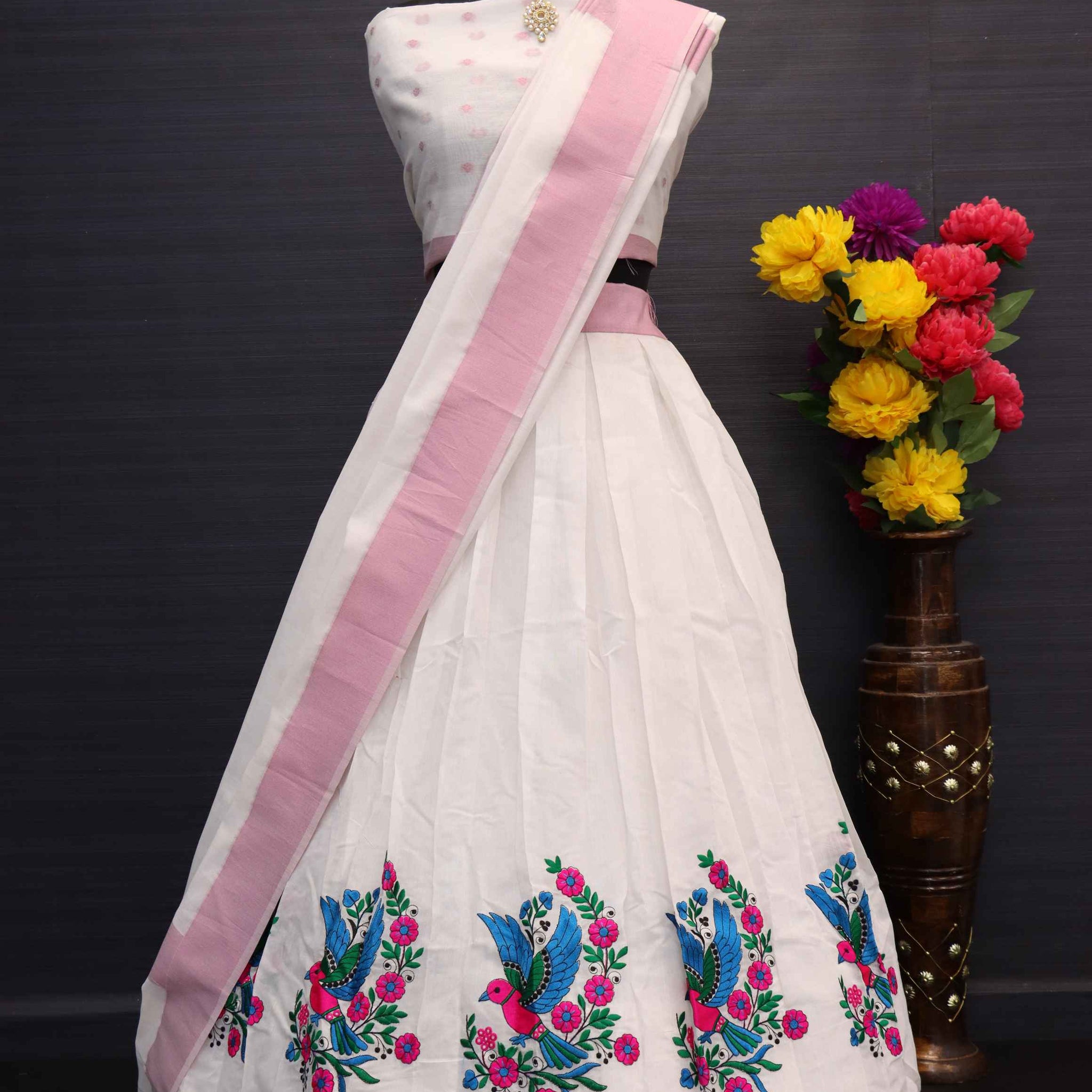 Onam Special Creamish White Embroidered Animal Floral Motief Dhavani With Blouse And Dupatta-onam05