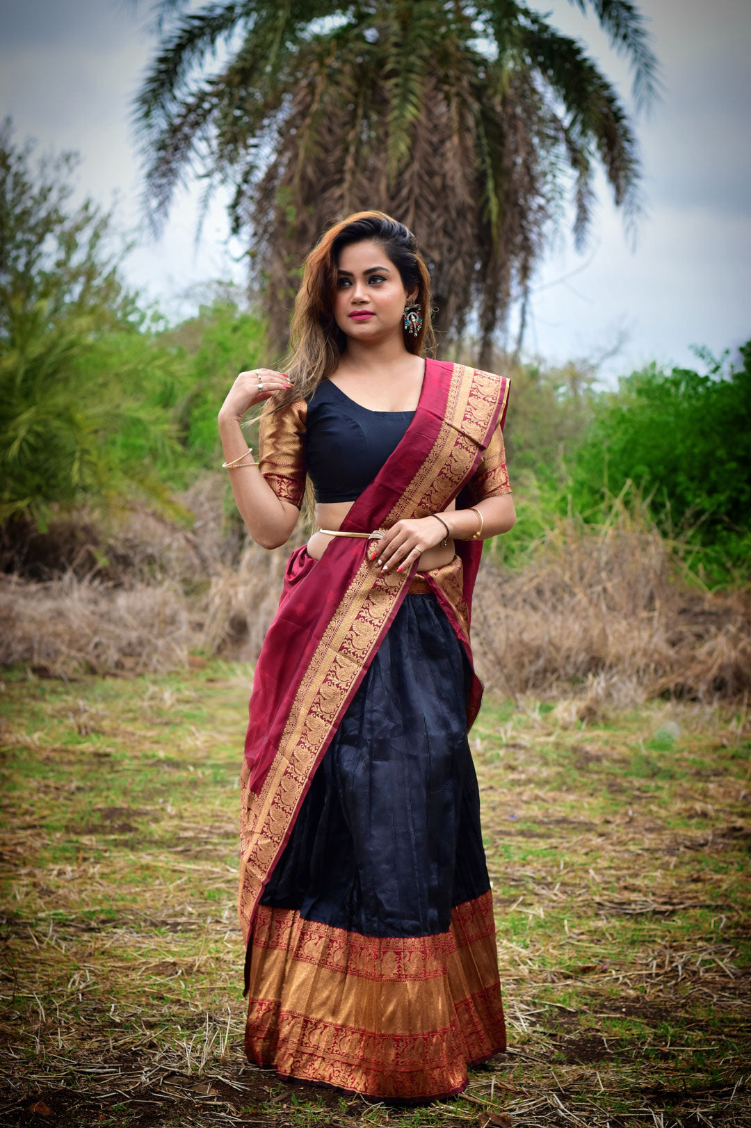 Black Banarasi Silk Jacquard Half Saree With Contrast Maroon Colour Jacquard Dupatta With Blouse-mb129