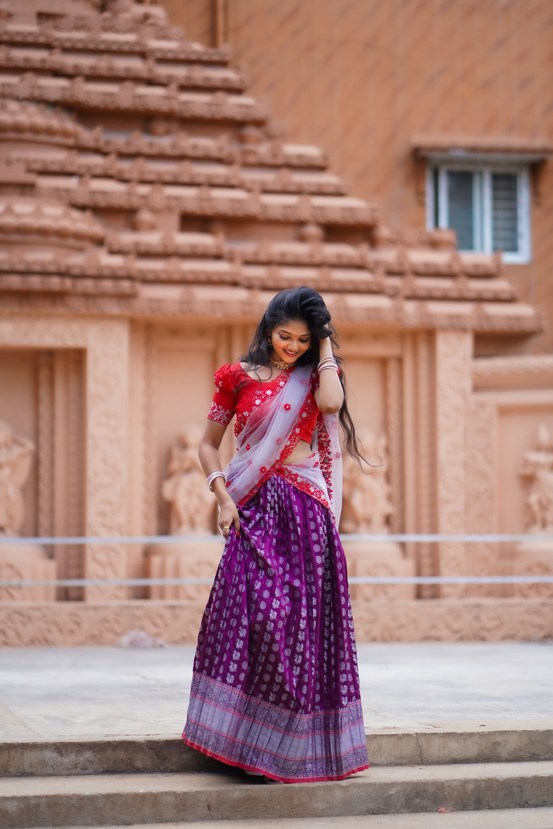 Green Art Silk Half Saree Style Lehenga Choli With Zari Work Border And  Pink Dupatta | Exotic India Art