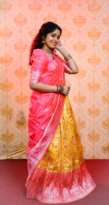 Gold With Pink Contrast Border Silver And Copper Jari Mixure Banarasi Silk Jacquard Half Saree With Pink Dupatta-mb116