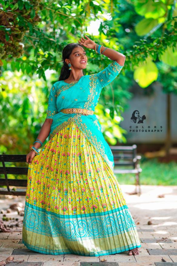13-SHREELATHA-Lemon Yellow Kalamkari Floral Digital Printed Half Saree
