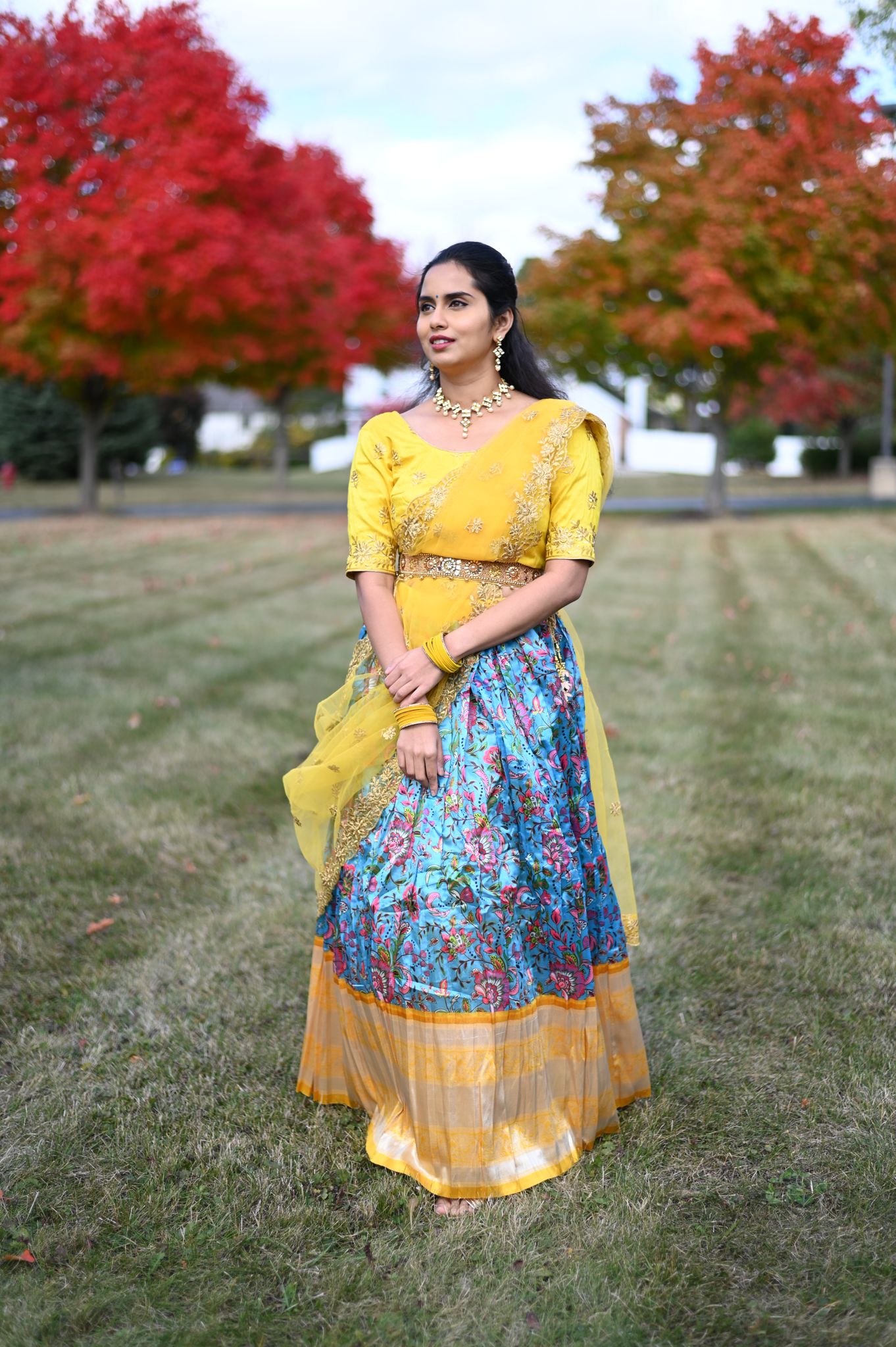 PINEAPPLE YELLOW LEHENGA WITH MULTICOLOR MIRRORWORK BLOUSE & AQUA BLUE –  Anisha Shetty