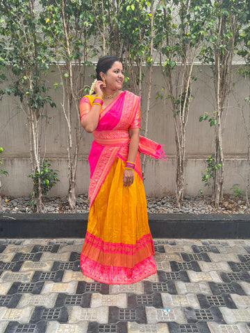 Gold Banarasi Silk Jacquard Half Saree With Contrast Pink Color  Border Attached Jacquard Dupatta With Blouse-mb141