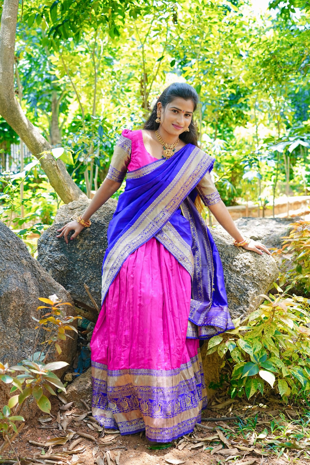 Pink Banarasi Silk Jacquard Half Saree With Contrast Violet Color Jacquard Dupatta With Blouse-mb136