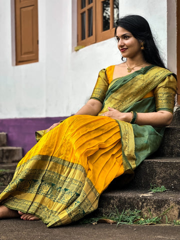 Gold Banarasi Silk Jacquard Half Saree With Contrast Bottle Green Color Jacquard Dupatta With Blouse-mb138