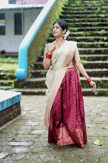 Maroon Banarasi Silk Jacquard Half Saree With Dusty Cream Dupatta-mb103