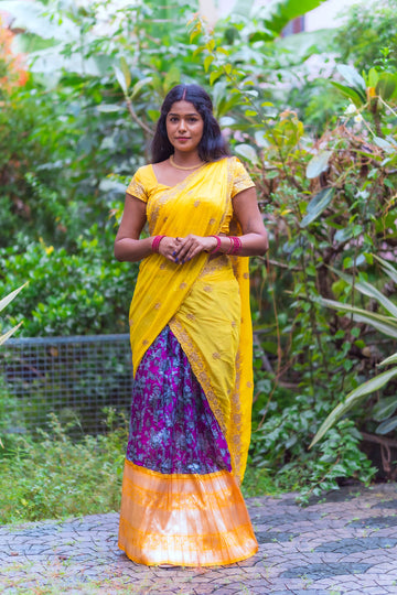 49-SHAILAJA-Magenta Yellow Floral Kalamkari Digital Printed Half Saree