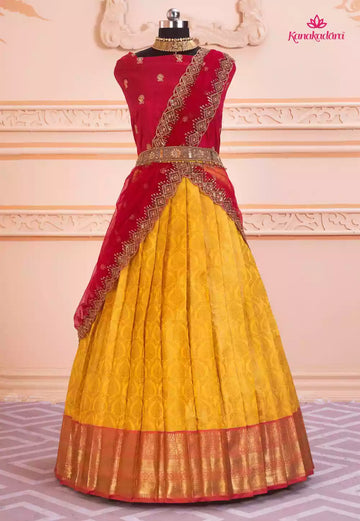 60-GEETANJALI-Yellow Red Banarasi Silk Jequard Half Saree