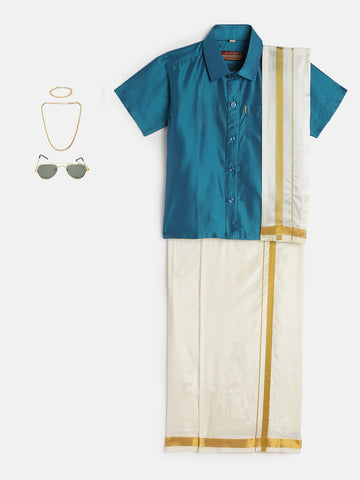 38-Krishnam-Purple Shirt &CreamDhoti With Hem Of Golden Zari Along with Freebies Set