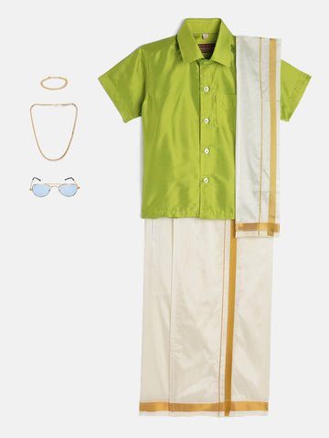 10-Krishav-Light Parrot Green Shirt &Cream Dhoti With Hem Of Golden Zari Along with Freebies Set